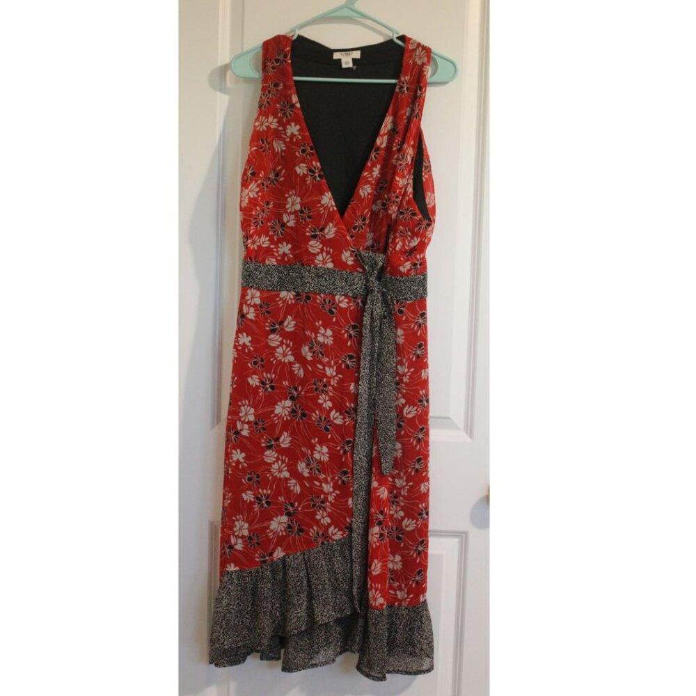Catos Red Floral Midi Wrap Dress Women's 22W V-Neck Tie Waist Ruffle Tulip Hem
